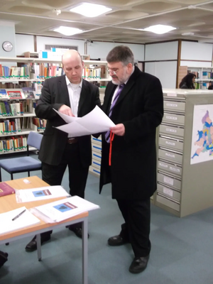 Dave Hodgson with Family Historian Paul Wilkins at Bedford Central Library