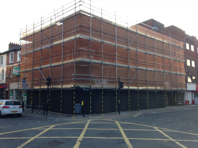 The Former Porter Blacks Building on Bedford High Street, with Scaffolding