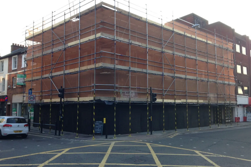 The Former Porter Blacks Building on Bedford High Street, with Scaffolding