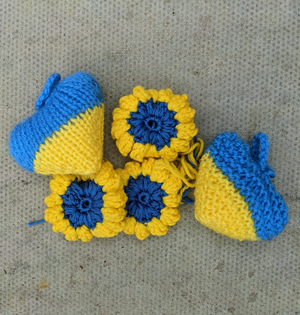 Blue and Yellow Sunflowers and Hearts made by The Higgins Knitting and Crochet Group © The Higgins Bedford