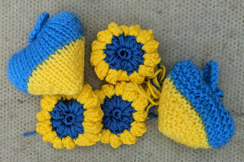 Blue and Yellow Sunflowers and Hearts made by The Higgins Knitting and Crochet Group © The Higgins Bedford