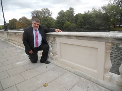 Dave Hodgson with the historic balustrades on the Embankment in Bedford