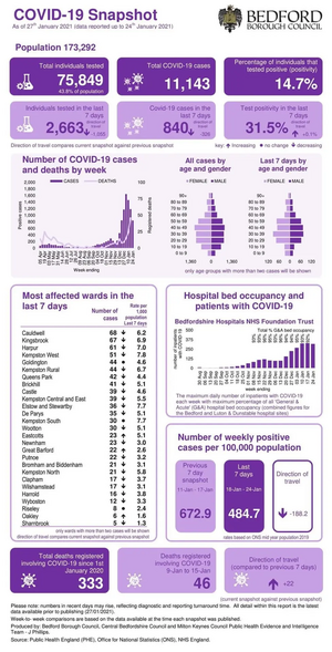 Bedford Borough coronavirus snapshot published 28 January 2021