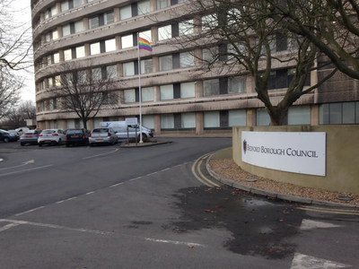 The Rainbow Flag Flying at Borough Hall in Bedford