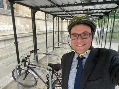 Councillor Henry Vann at the new bike shelter in Bedford Town Centre