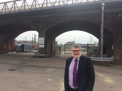 Mayor Dave Hodgson in front of Ford End Rd Bridge, Bedford