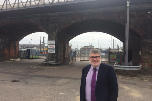 Mayor Dave Hodgson in front of Ford End Rd Bridge, Bedford