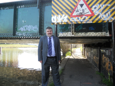 Dave Hodgson by the Bedford to Bletchley rail bridge on the riverside path in Bedford