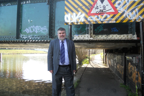 Dave Hodgson by the Bedford to Bletchley rail bridge on the riverside path in Bedford