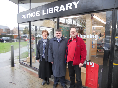 Mayor Dave Hodgson with Cllr Sylvia Gillard and Cllr Phil Merryman outside Putnoe Library