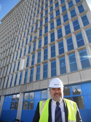 Dave Hodgson in front of The Heights apartments (former BT Building) 