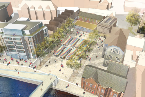 Artist's impression of one of the two new public squares which will feature as part of the forthcoming riverside regeneration in Bedford Town Centre