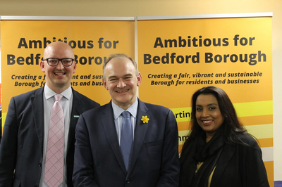 Cllr Dean Crofts, Henna Khanum and Sir Ed Davey MP