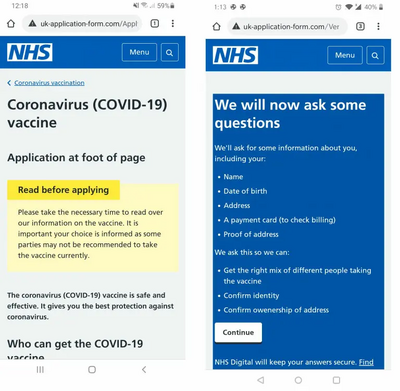 Screenshot of vaccine scam messages