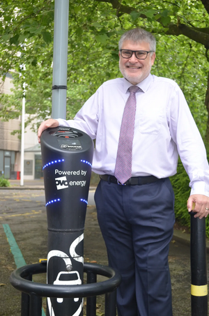 Mayor Dave Hodgson with an Electric Vehicle Charging Point