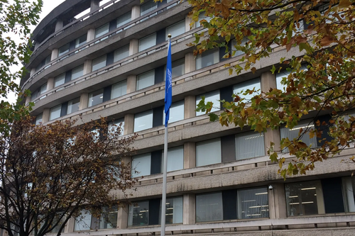 The UN flag flying at Borough Hall in Bedford