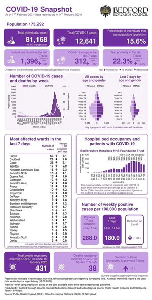 Bedford Borough Coronavirus snapshot published 18 February 2021