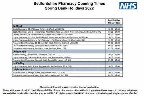 Pharmacy Opening Times May 2022