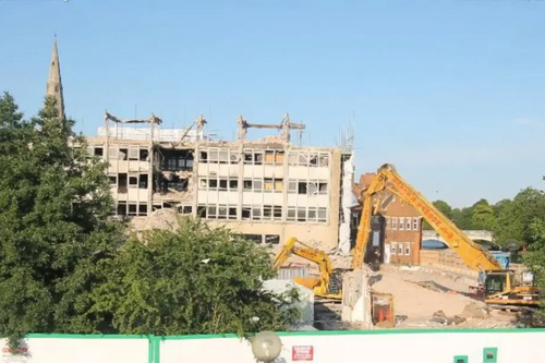 Bedford Town Hall office block mid-demolition