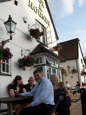 Mayor Dave Hodgson with Jo Dring of Charles Wells Ltd and Staff at the Fox and Hounds, Riseley