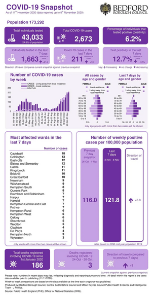 Bedford Borough coronavirus figures infographic published 12 November 2020