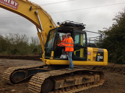 Mayor Dave Hodgson in the digger at the start of construction on the final phase of the Bedford Western Bypass