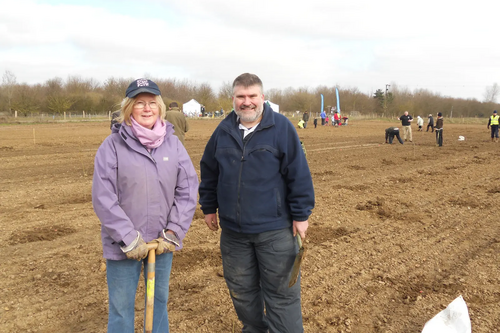 Dave Hodgson with Kingsbrook Councillor Anita Gerard at the Bedford River Valley Park Tree Planting Event