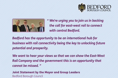 Mayor and Group Leaders’ Joint Statement in Bedford BC Leaflet to Promote East West Rail Route via Bedford, Feb 2019