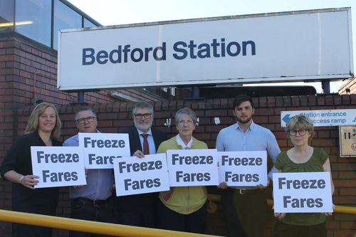 Liberal Democrat Campaigners Launch the Freeze Fares Campaign at Bedford Station