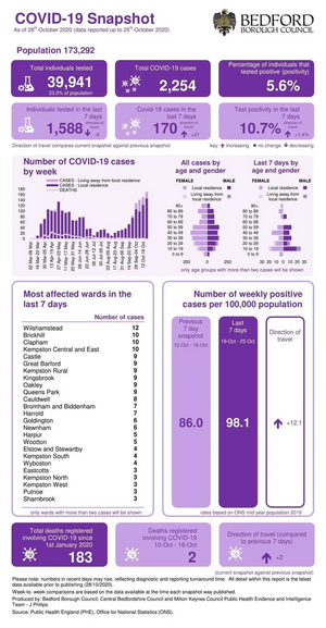 Bedford Borough coronavirus figures infographic published 29 October 2020