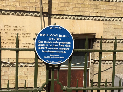 The Blue Plaque at Bedford Corn Exchange which Commemorates the BBC's Wartime Broadcasts from Bedford