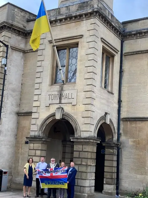 Ukraine flag flying at the Old Town Hall