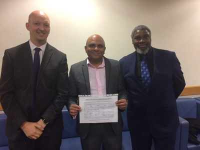 Kingsbrook Ward councillors Dean Crofts and Patrick Solomon with Paradine Road CCTV Petition Organiser Stephen Kumar Khuttan