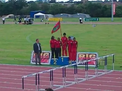 The Maldives Olympic Team are presented to the crowd at Bedford International Athletics Stadium after arriving in Bedford for their pre-games training camp