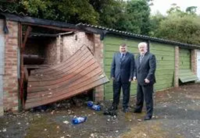 Dave Hodgson and Charles Royden at one of the abandoned BPHA Garages in Brickhill