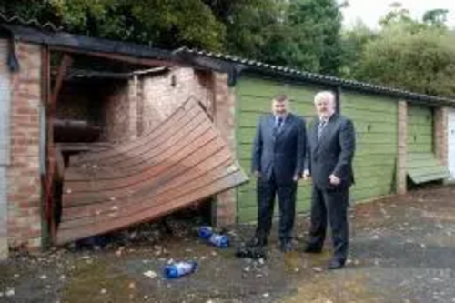 Dave Hodgson and Charles Royden at one of the abandoned BPHA Garages in Brickhill