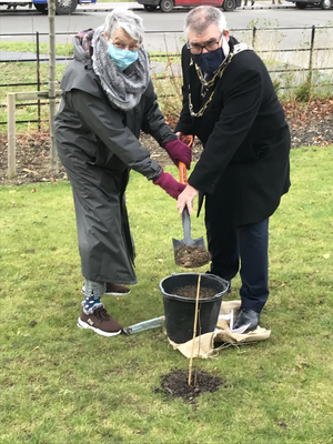 Mayor Dave Hodgson planting a tree at the Wixams Retirement VIllage