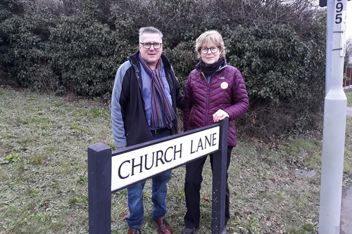 Cllr Tim Caswell and Cllr Christine McHugh at Church Lane in Goldington