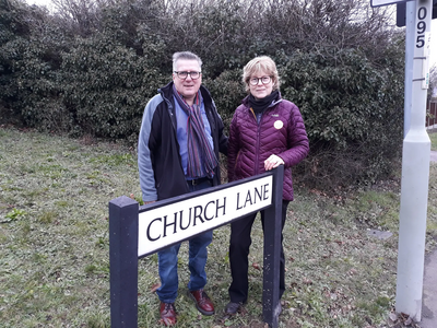 Cllr Tim Caswell and Cllr Christine McHugh at Church Lane in Goldington