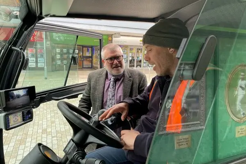 Mayor Dave Hodgson with the pavement washer