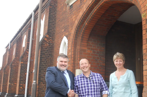 Dave Hodgson at St Cuthbert's Hall with Castle Community Society Chair Rob Price and Ward Cllr Caroline Fensome