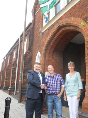 Dave Hodgson at St Cuthbert's Hall with Castle Community Society Chair Rob Price and Ward Cllr Caroline Fensome