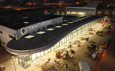 Bedford's brand new bus station at night, pre-opening