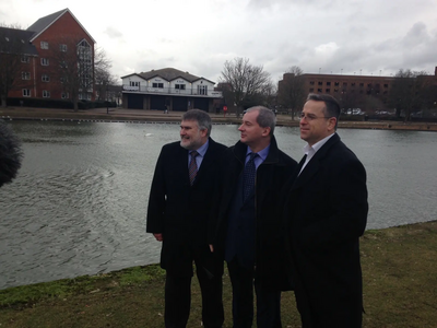 Mayor Dave Hodgson, Stephen Williams MP and Daniel Mouwad at the site of the planned Batts Ford Bridge river crossing in Bedford