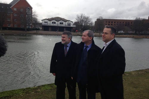 Mayor Dave Hodgson, Stephen Williams MP and Daniel Mouwad at the site of the planned Batts Ford Bridge river crossing in Bedford