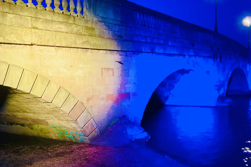 Bedford Town Bridge lit blue and yellow for Ukraine