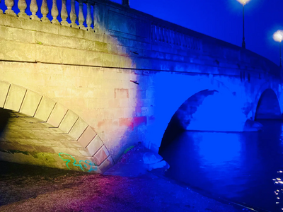 Bedford Town Bridge lit blue and yellow for Ukraine