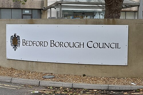 Bedford Borough Council sign in front of Borough Hall
