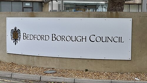 Bedford Borough Council sign in front of Borough Hall