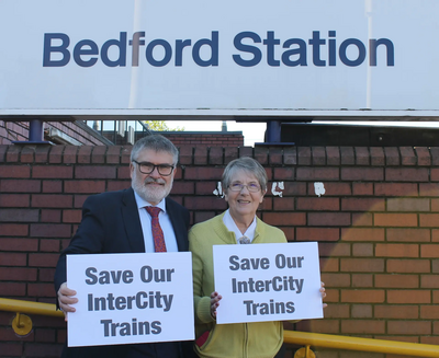 Mayor Dave Hodgson and Councillor Wendy Rider campaigning to save InterCity Trains